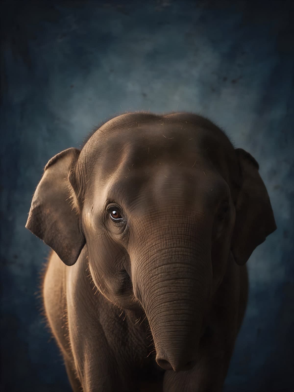 Olifant met schuine blik tegen donkerblauw