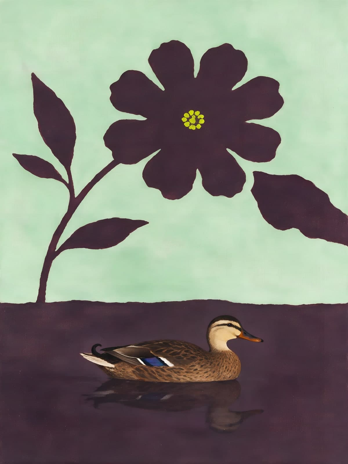 Eend onder een donkere bloem op mintgroen