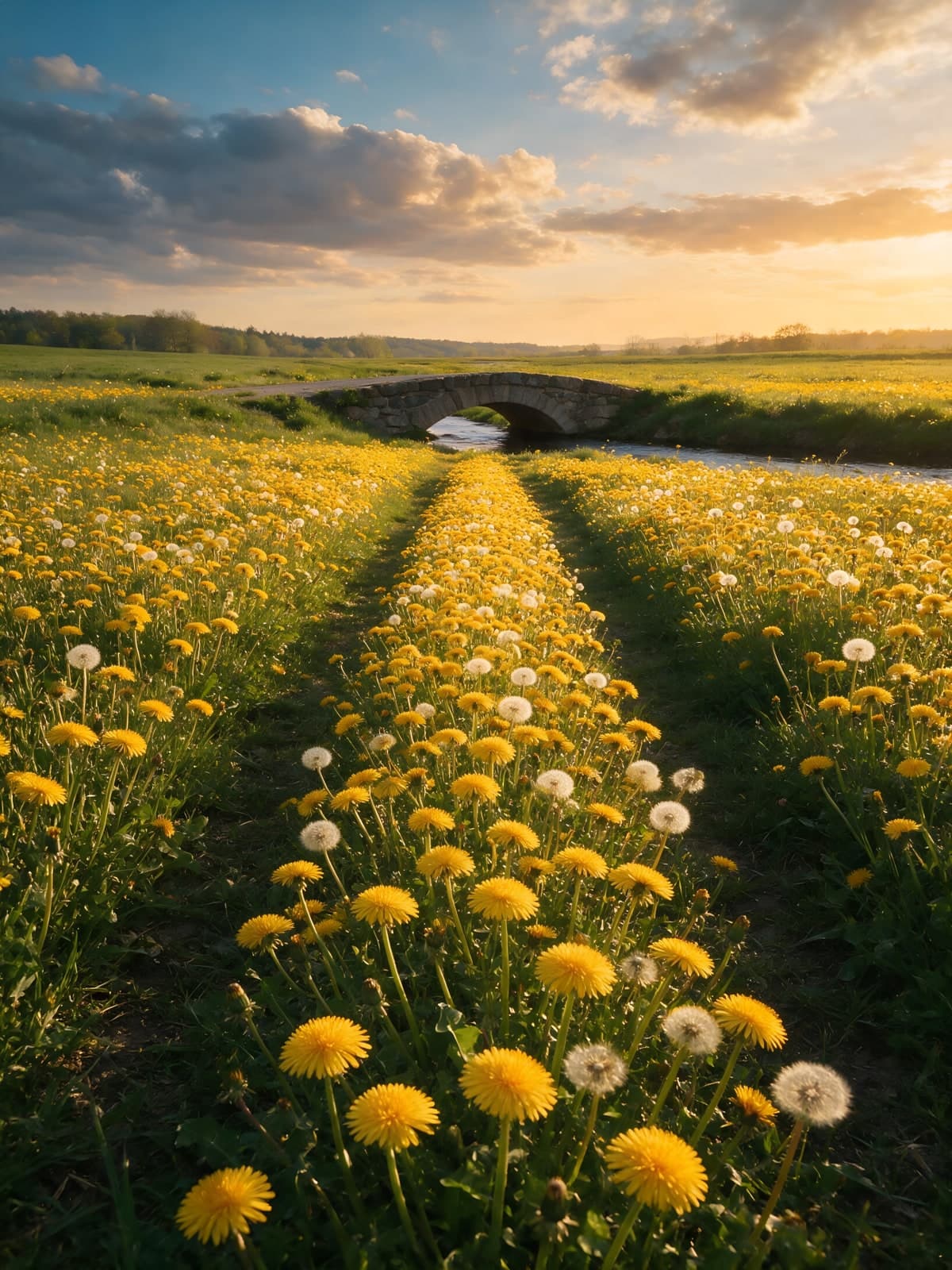 Pad door paardenbloemen naar stenen brug