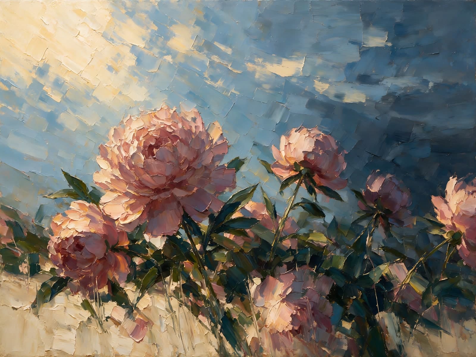 Roze pioenen onder een blauwe lucht