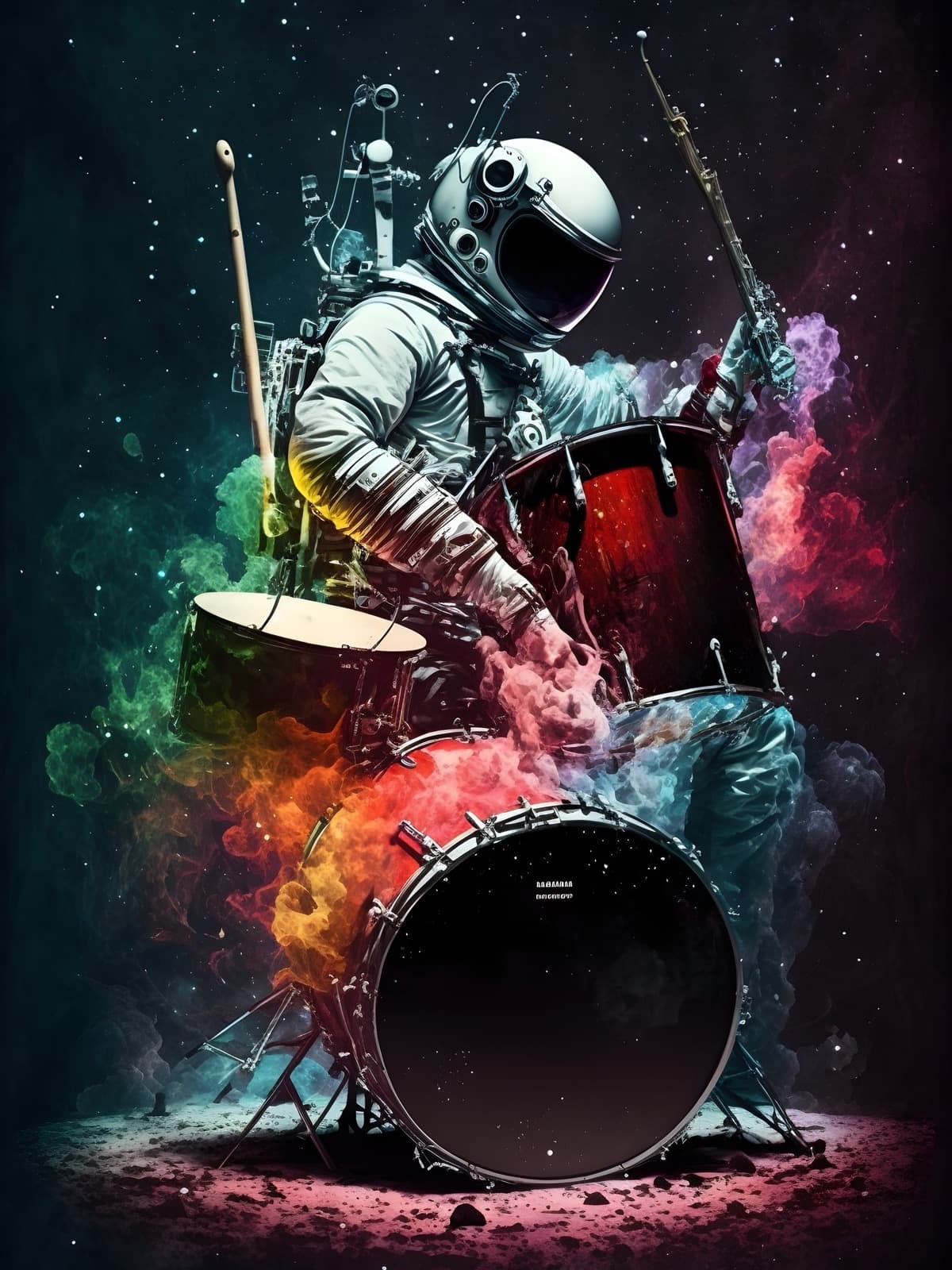 Astronaut achter een drumstel in kleurige rook
