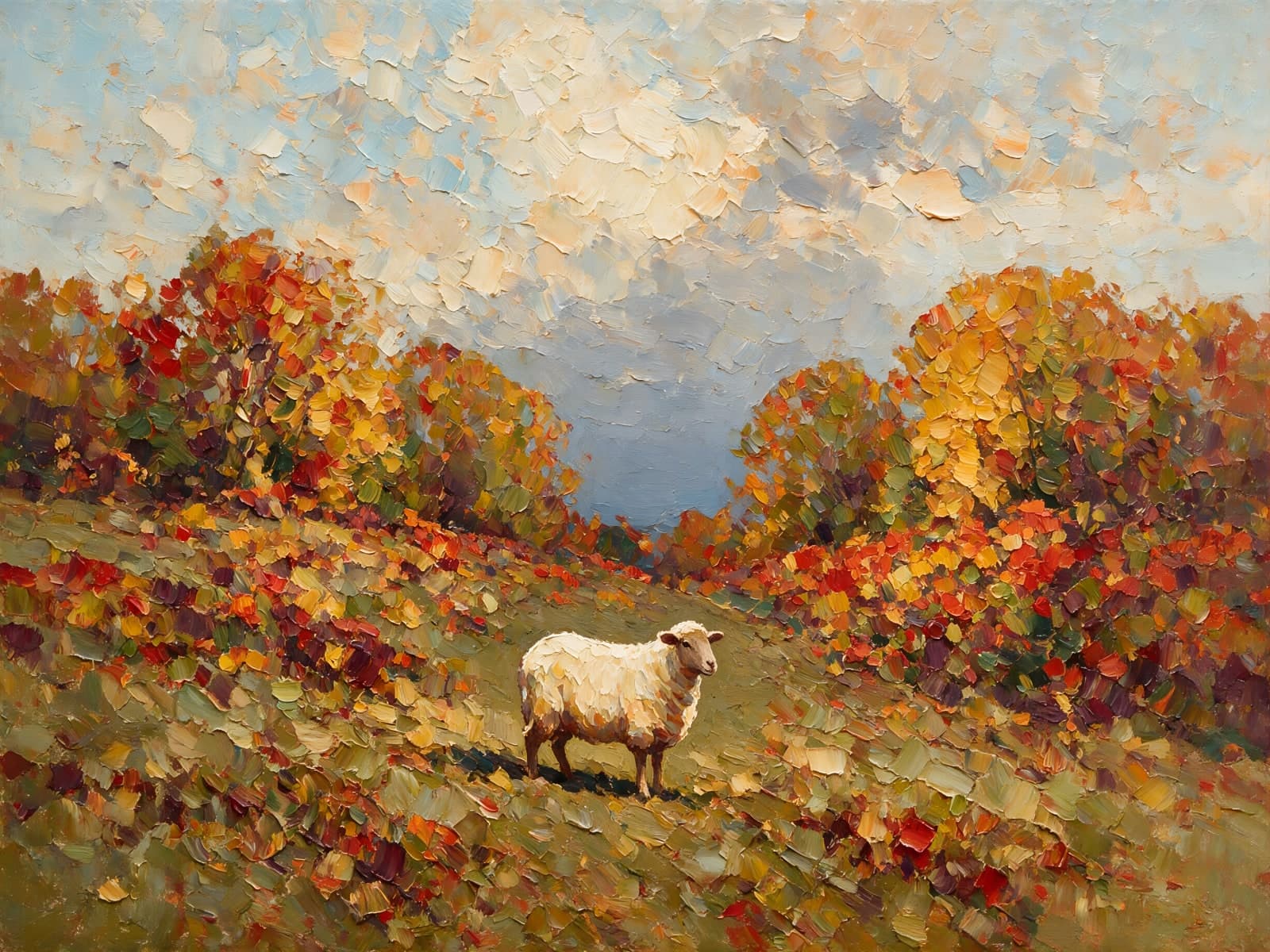 Wit schaap tussen rode herfstbomen