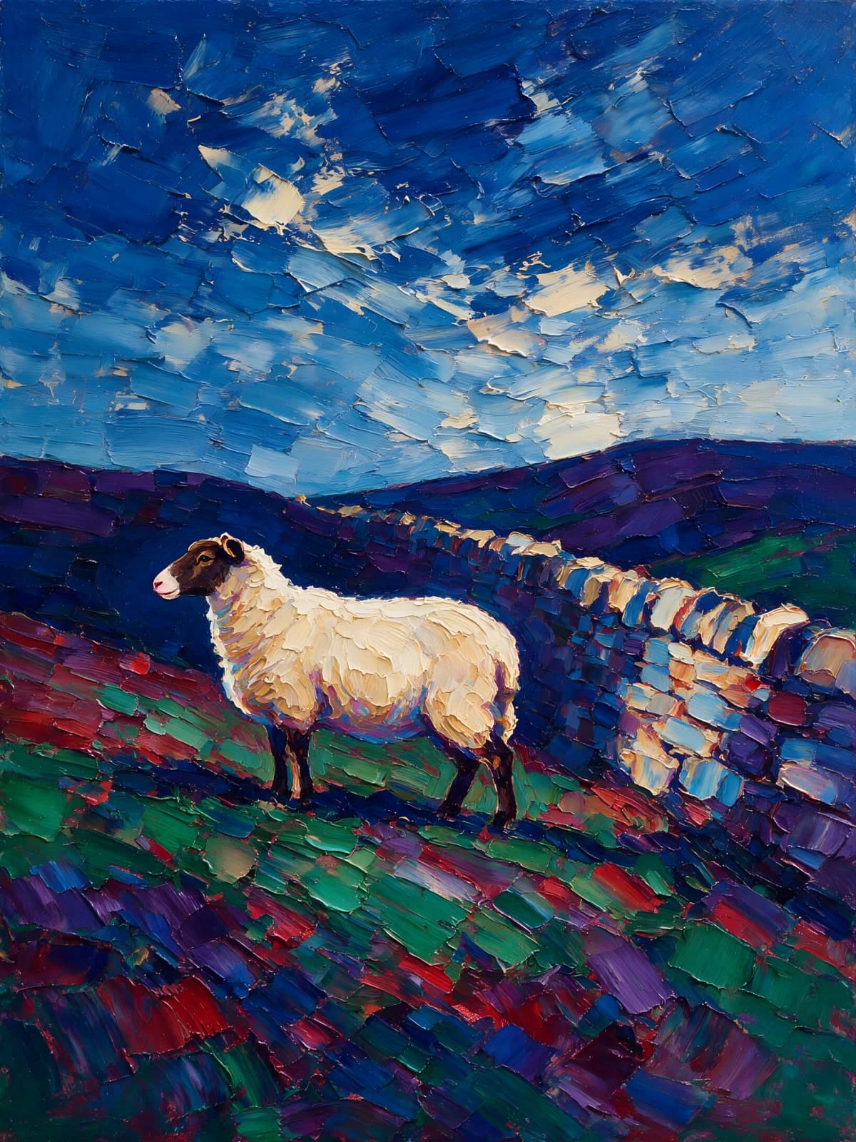 Schaap op een heuvel onder blauwe verfwolken