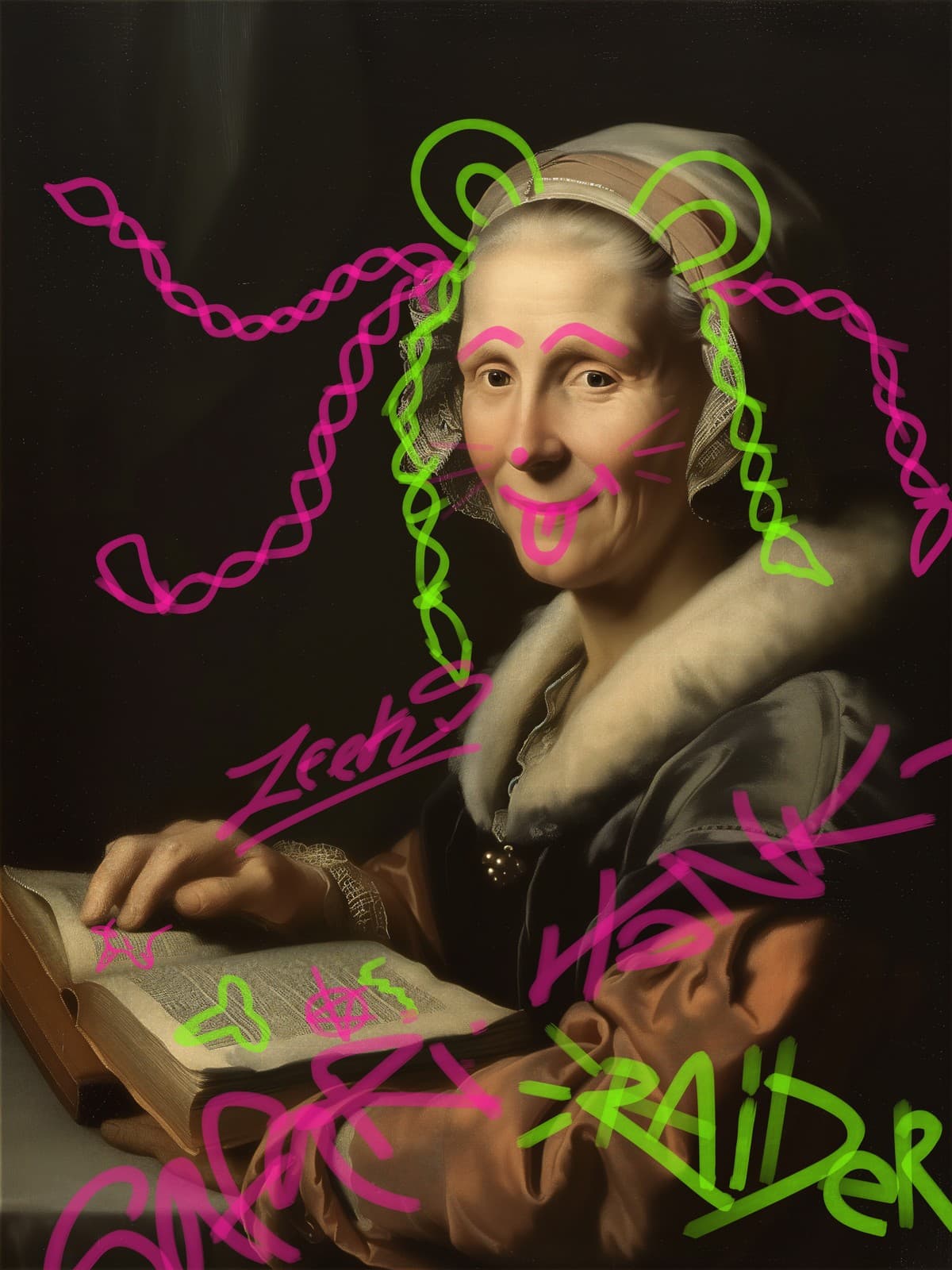Oude vrouw leest met roze kettingen