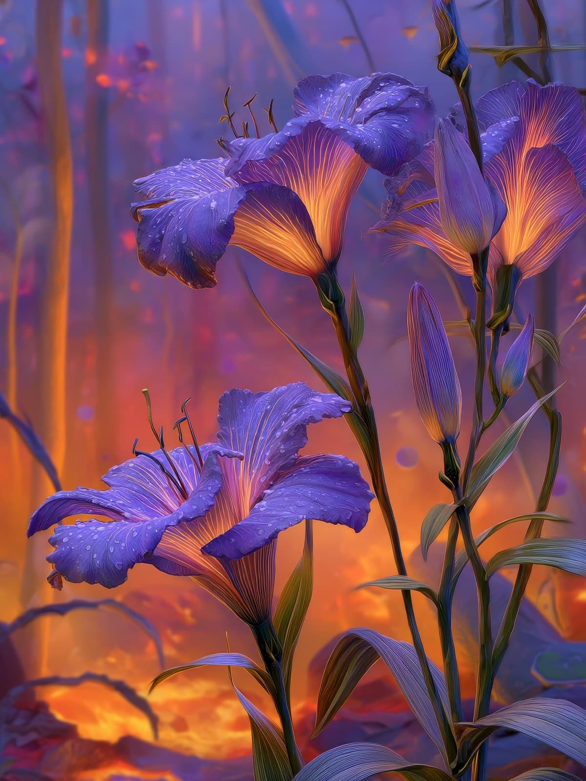 Blauwpaarse irissen voor een vuurrode bosrand