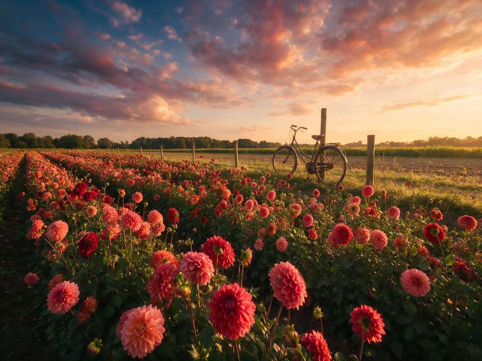 Rode dahlia's en een fiets bij zonsondergang