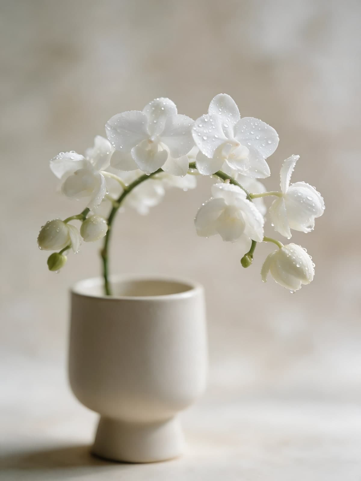 Witte orchidee in een crèmekleurig vaasje