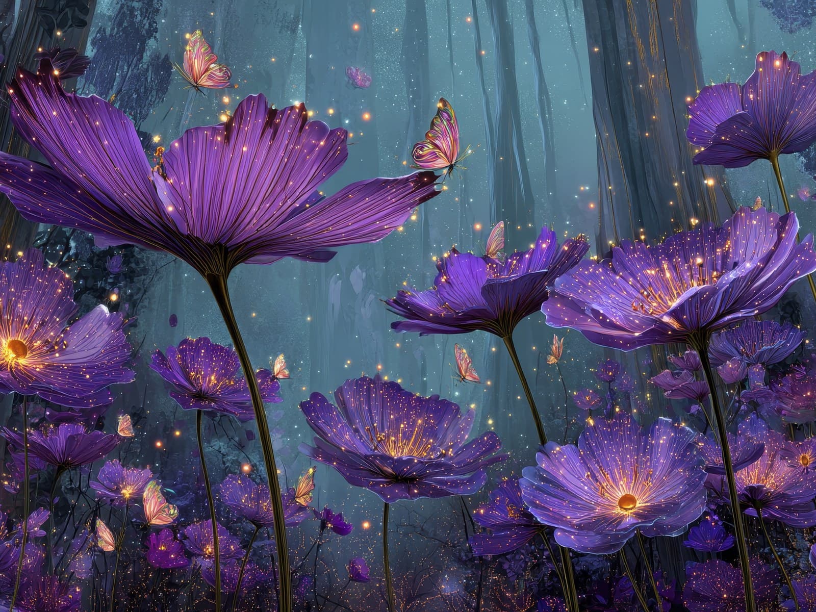 Paarse bloemen in een mistig bosje