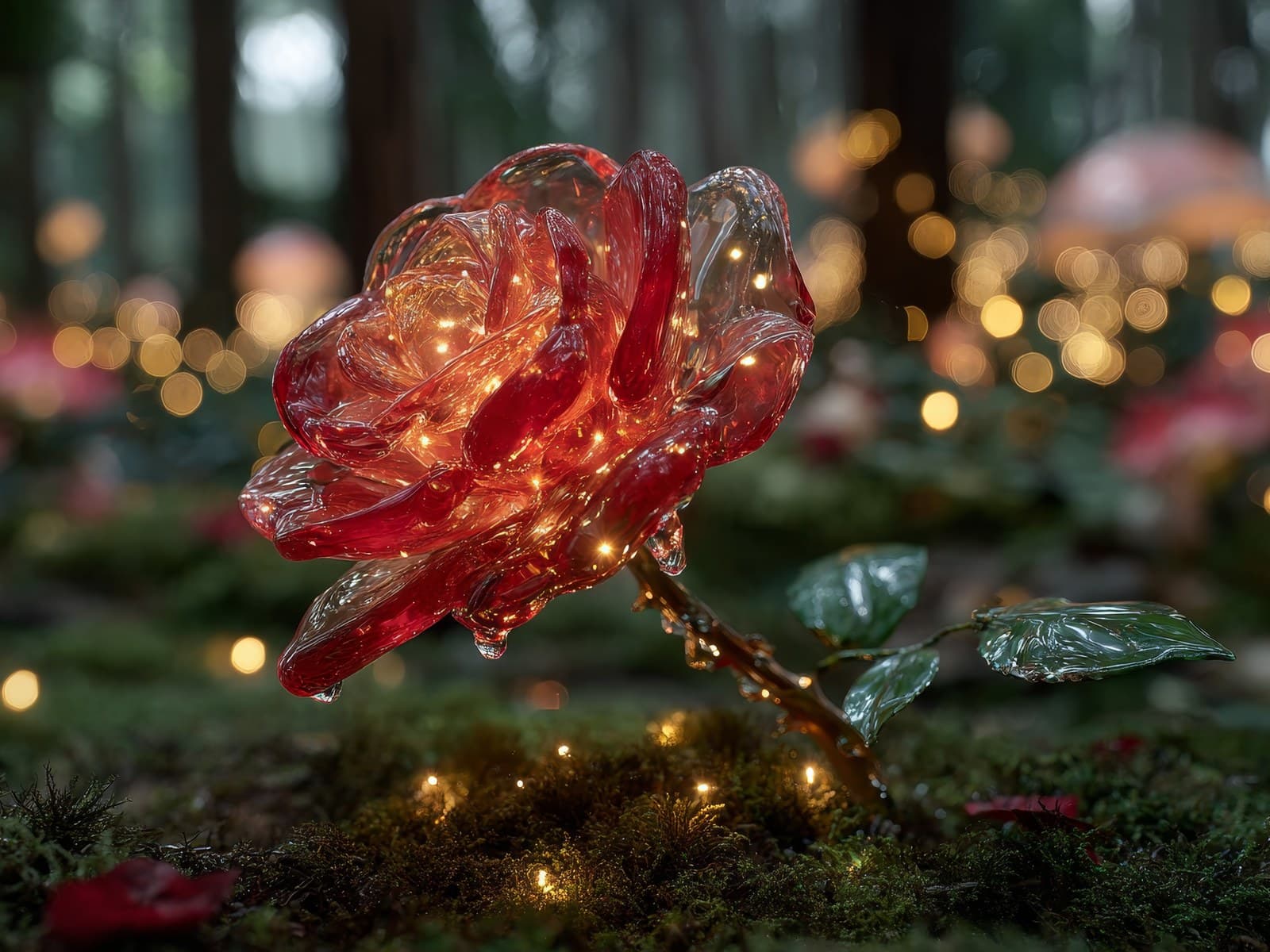 Rode glazen roos met lichtjes in bos