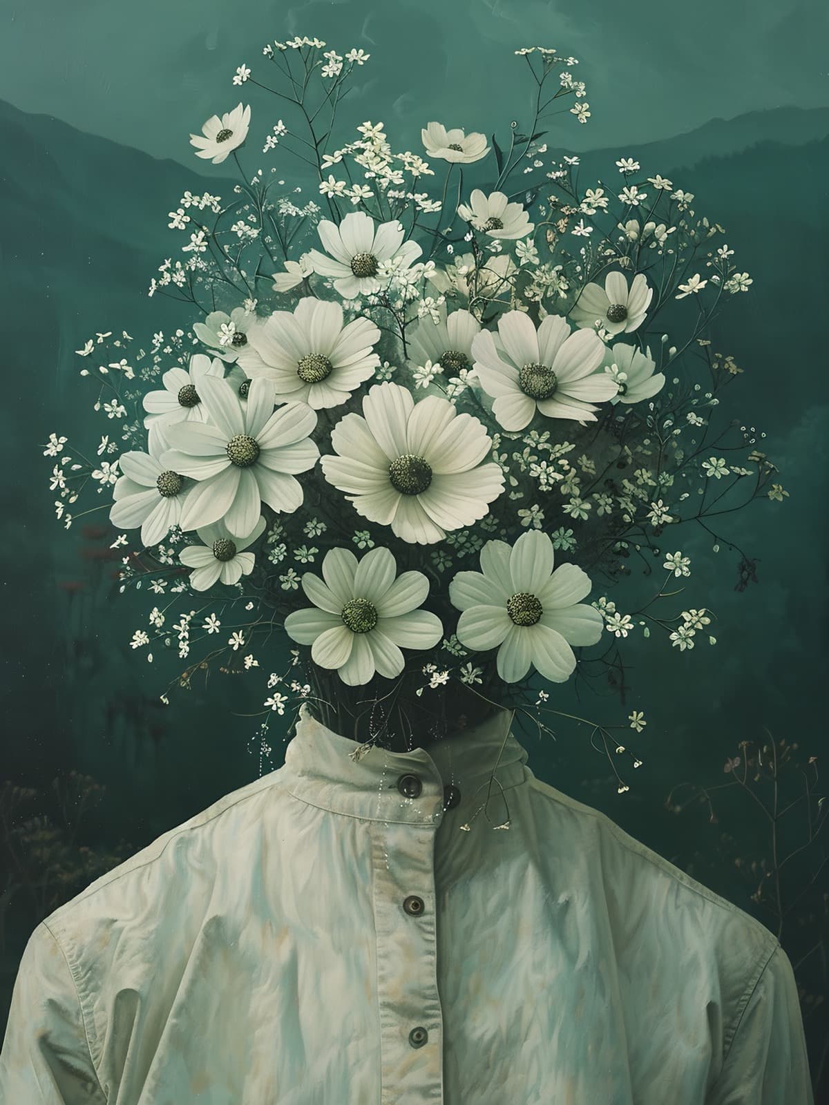 Jas met bos witte bloemen als hoofd