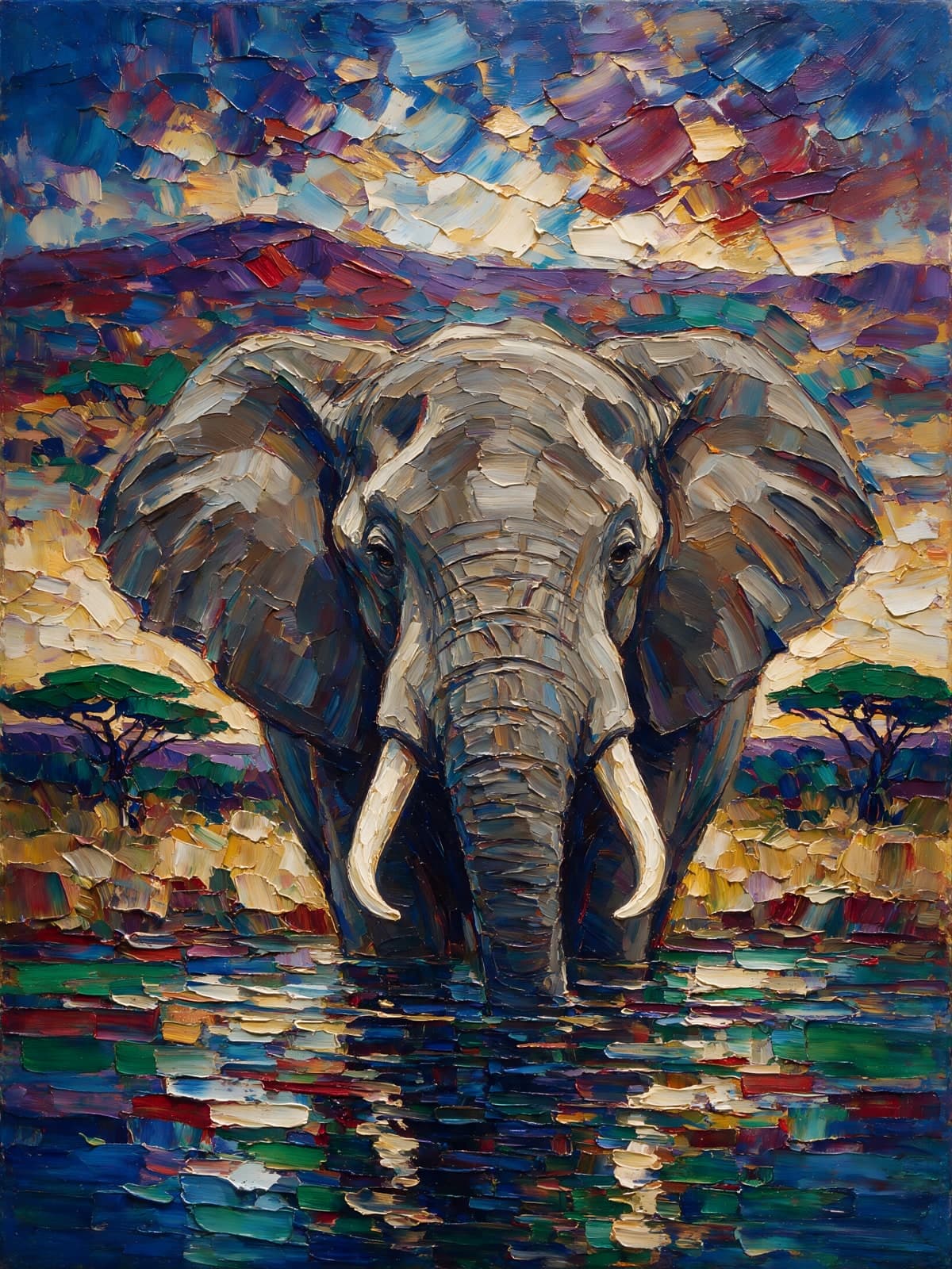 Olifant in ondiep water onder paarse heuvels