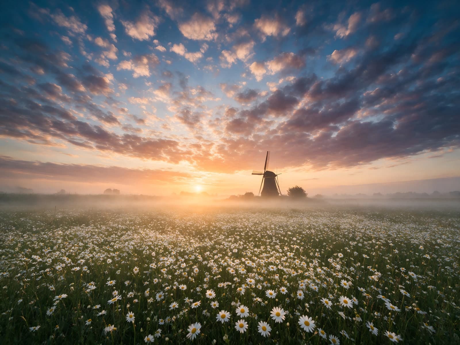 Molen en madeliefjes in ochtendmist