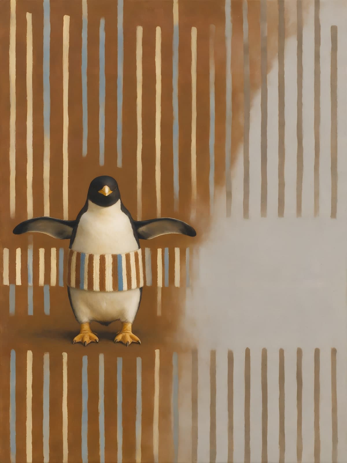 Pinguïn midden in bruine en grijze strepen