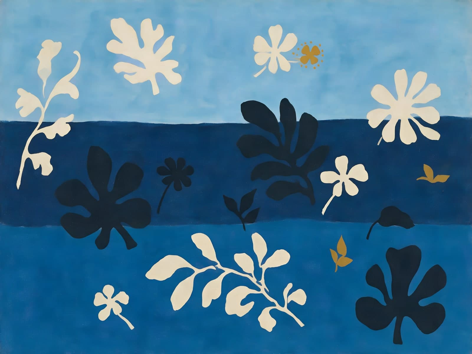 Witte bladvormen op blauwe banden