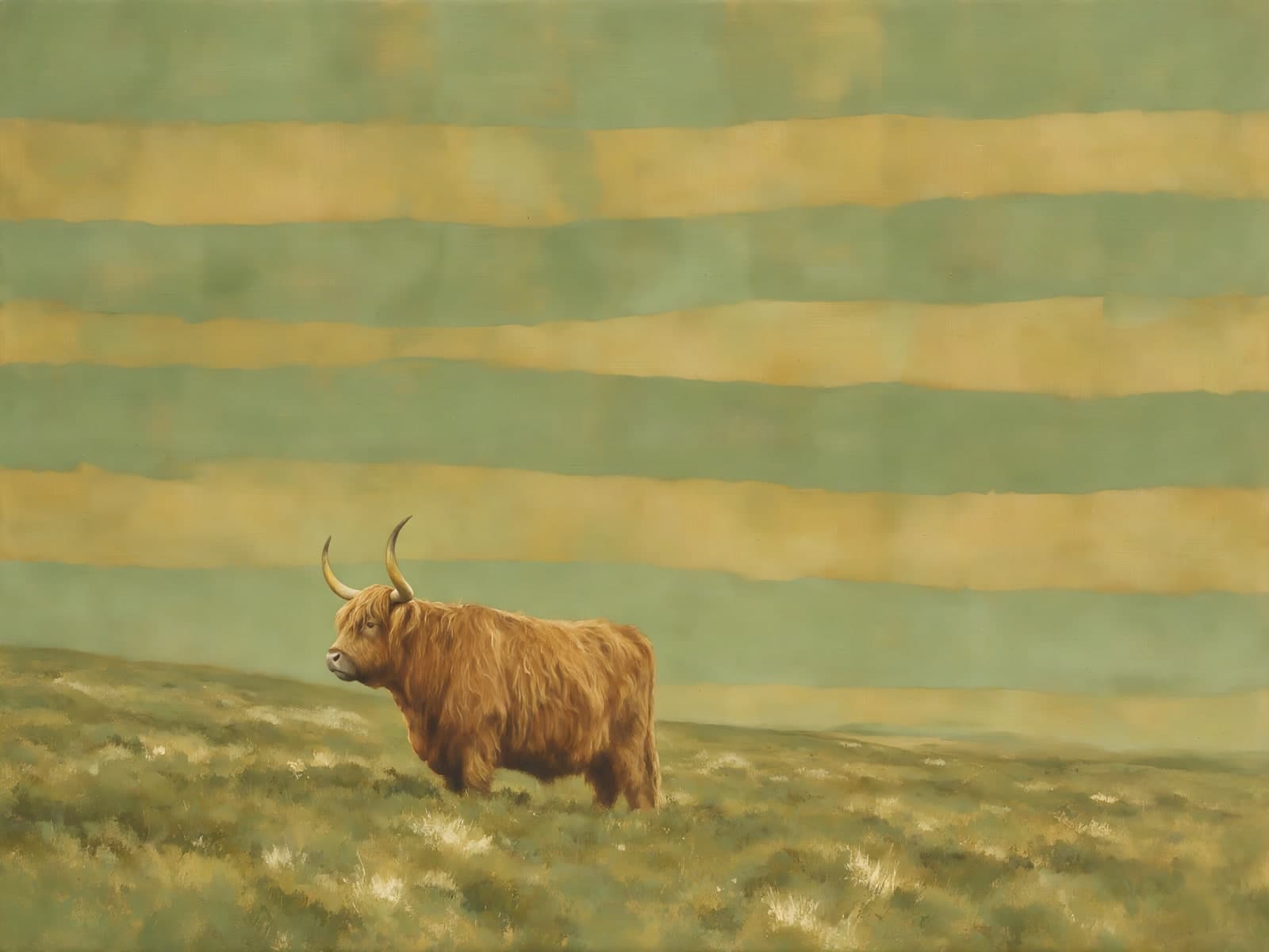 Hooglander voor een gestreepte groene lucht