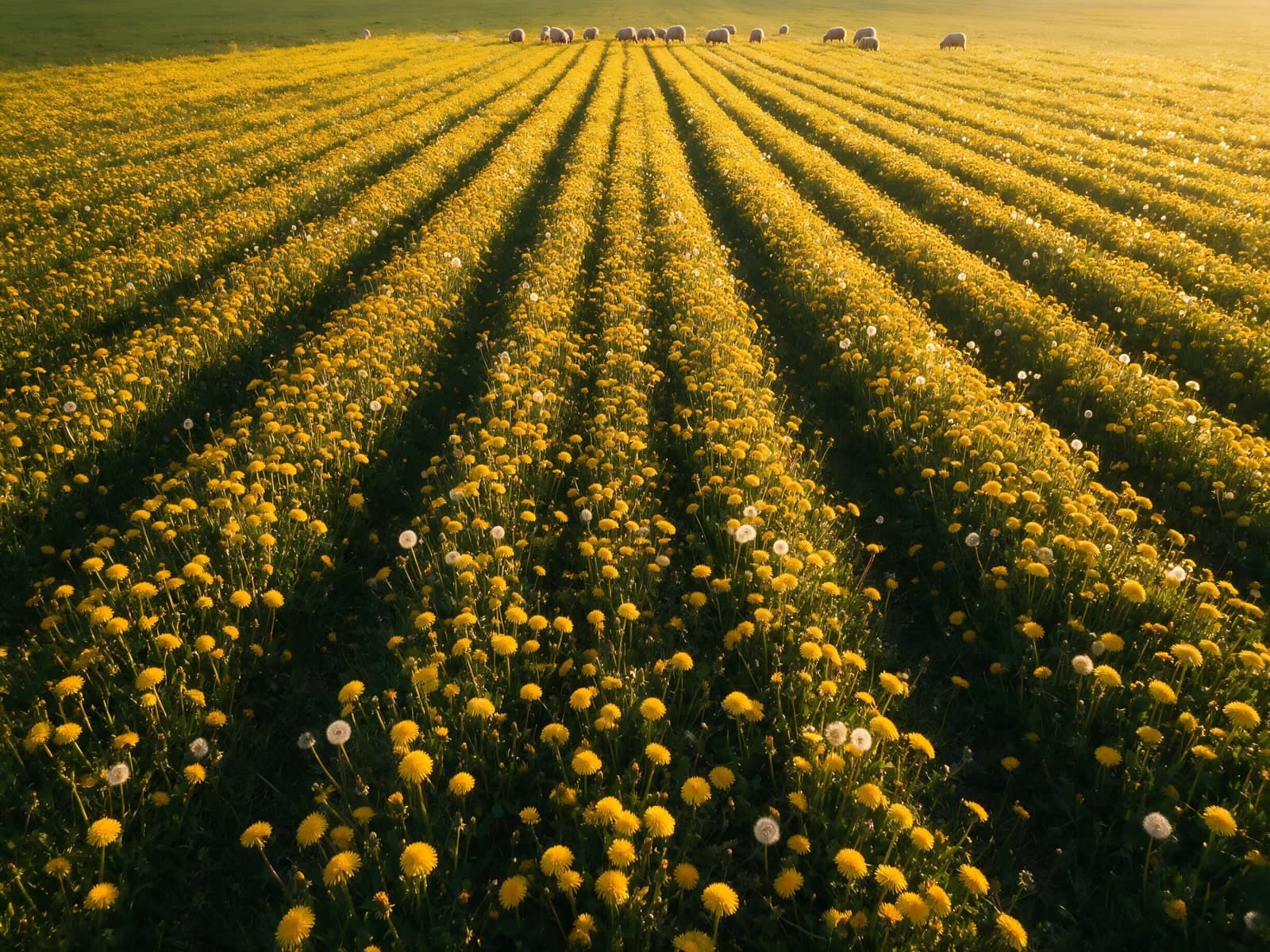 Rijen gele paardenbloemen naar de horizon