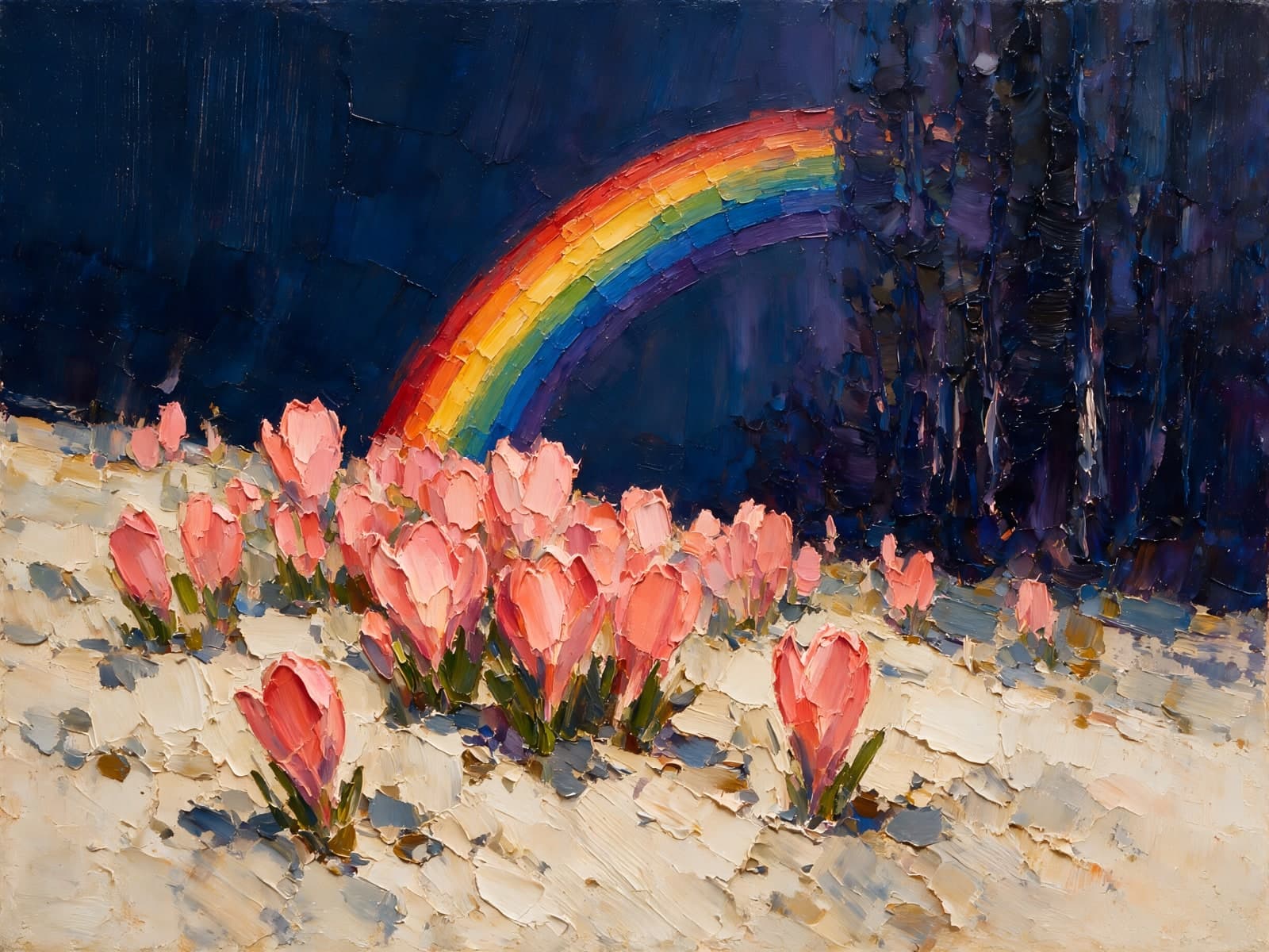 Roze tulpen in de sneeuw onder regenboog