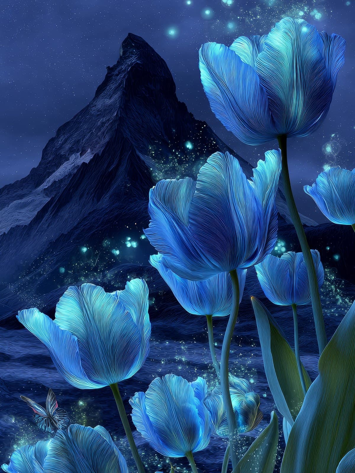 Blauwe tulpen voor een donkere berg