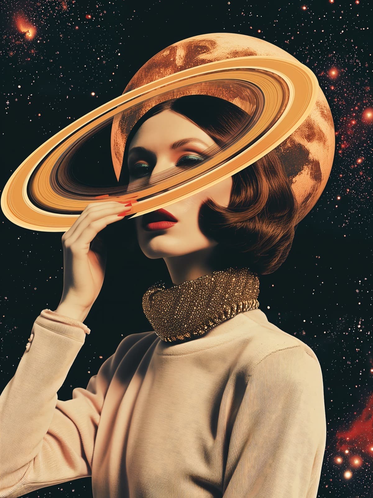 Vrouw met geringde planeet als hoed
