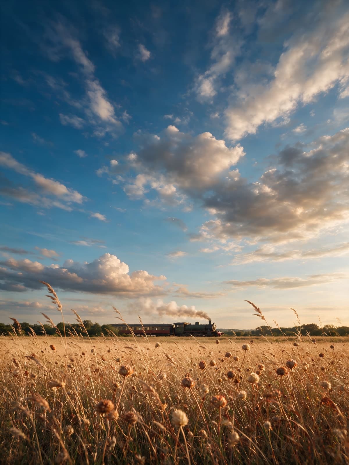 Stoomtrein aan de horizon boven een korenveld