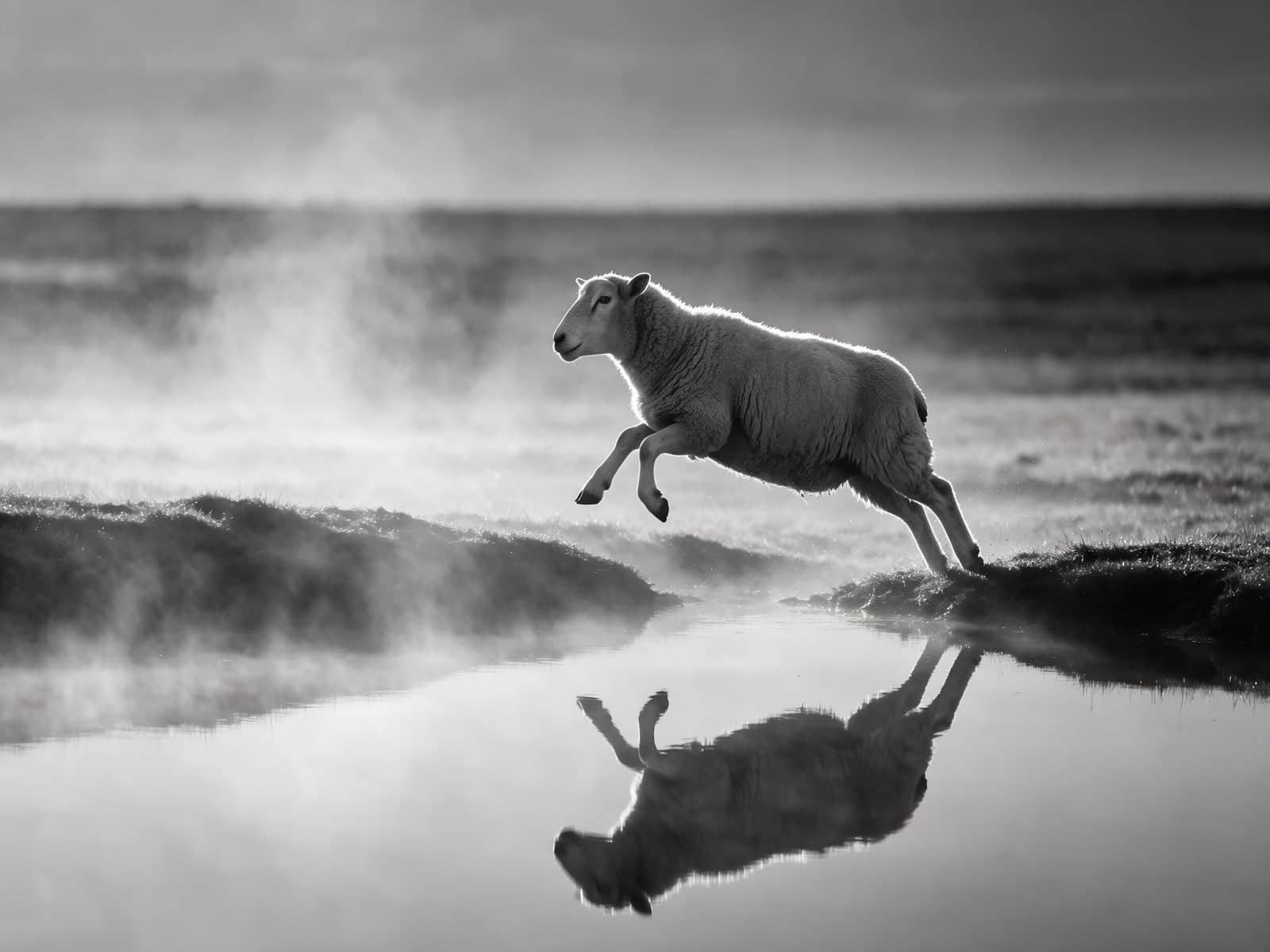 Springend schaap boven mistige waterlijn