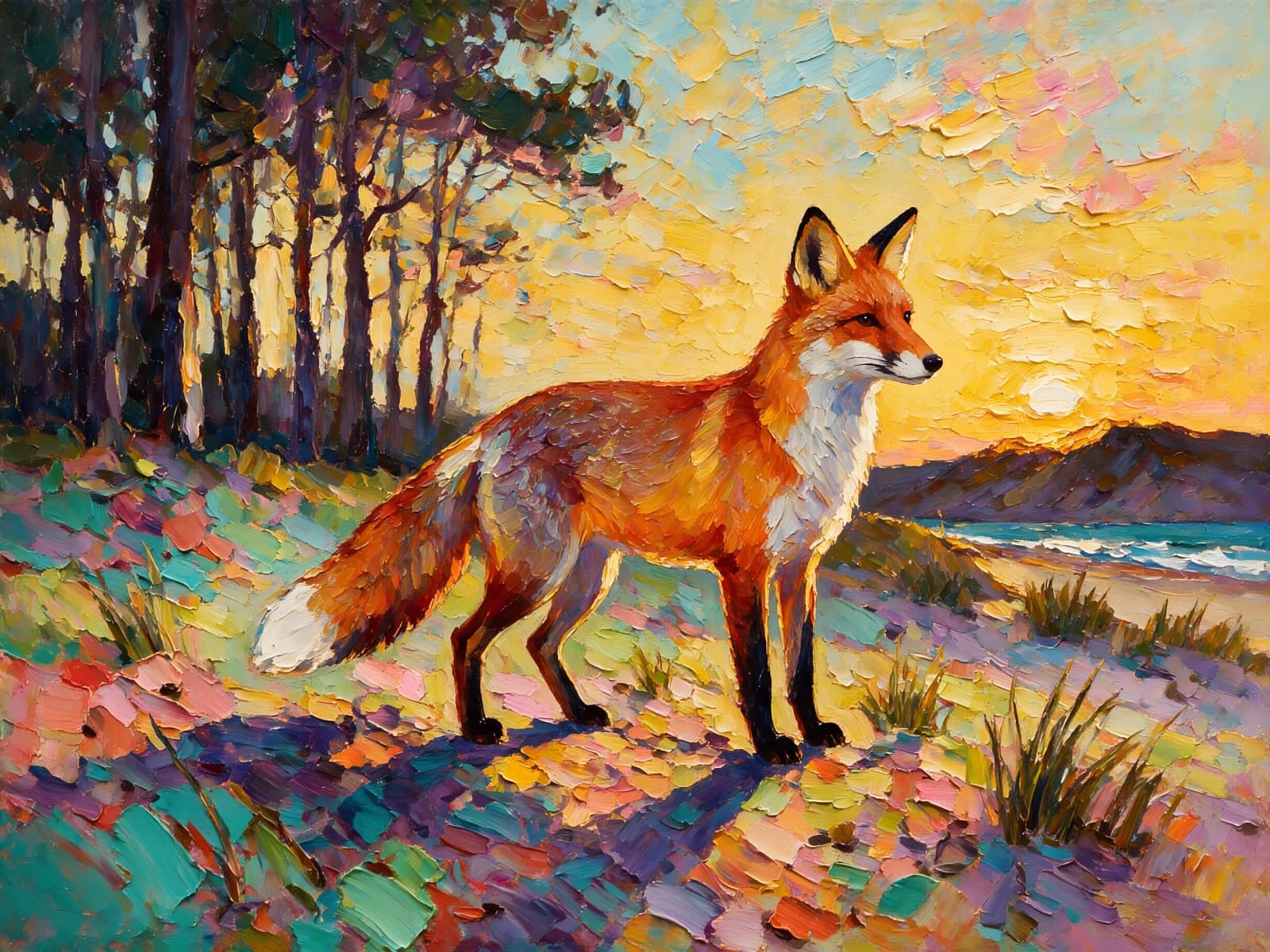 Vos op een kleurrijke duin bij zonsondergang