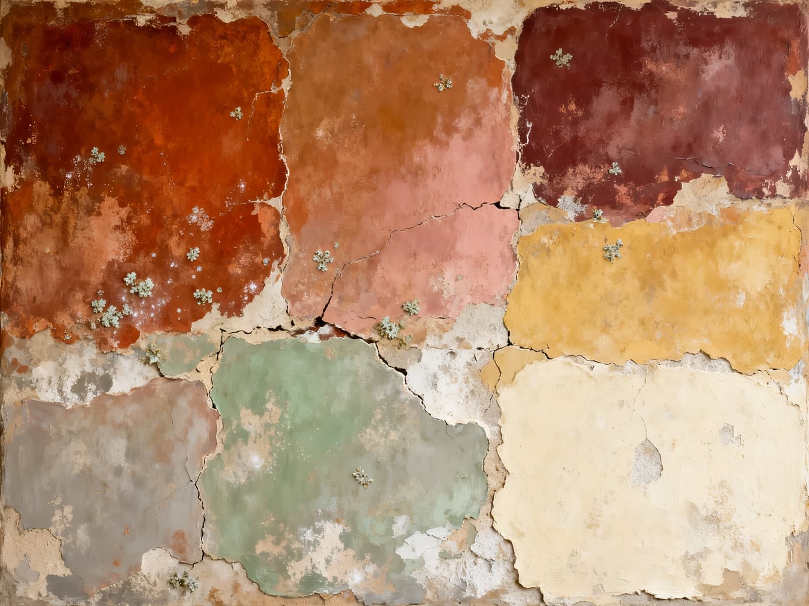 Afbladderende pleistermuur in terracotta en groen