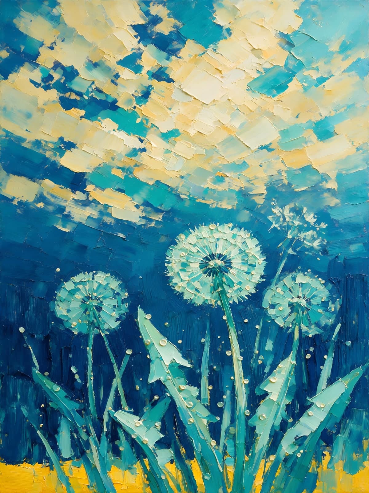 Pluizige paardenbloemen onder bewolkte blauwe lucht