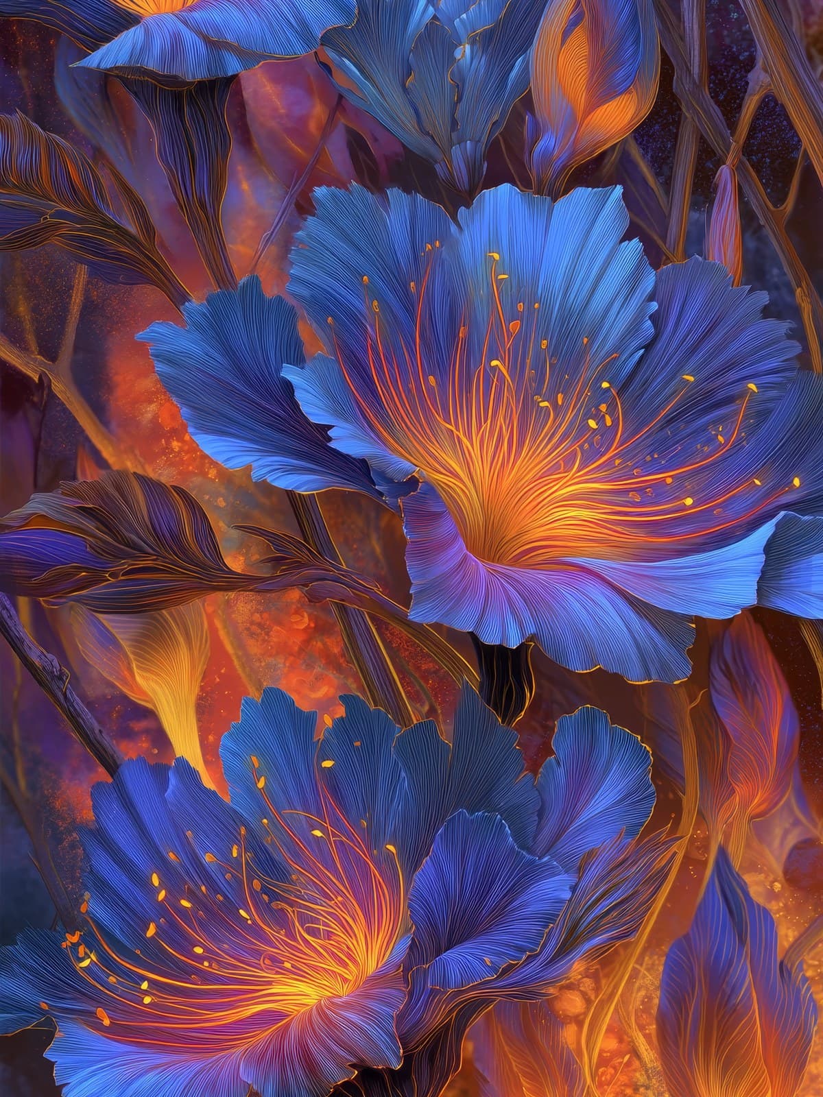 Blauwe bloemen met oranje meeldraden op goud