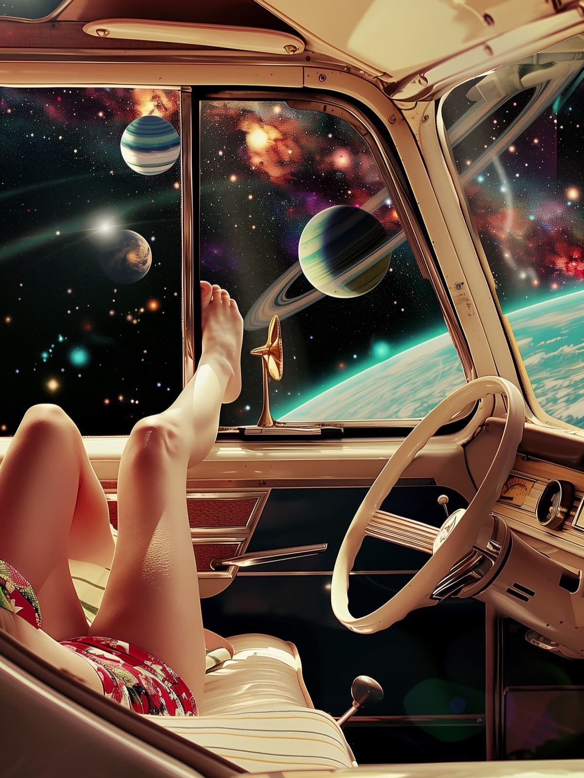Voeten omhoog in een auto vol planeten