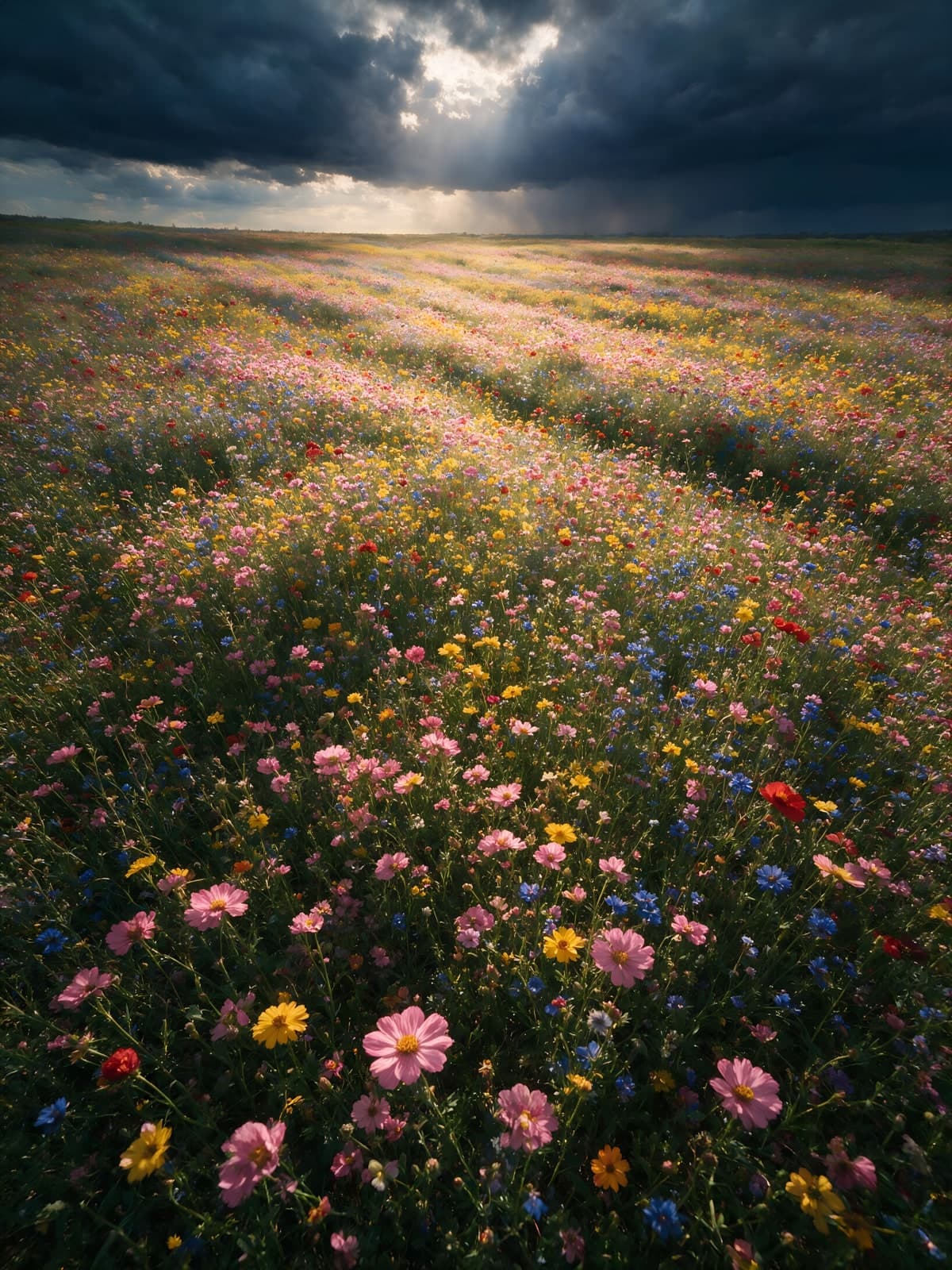 Wilde bloemen in strijklicht onder donkere wolken