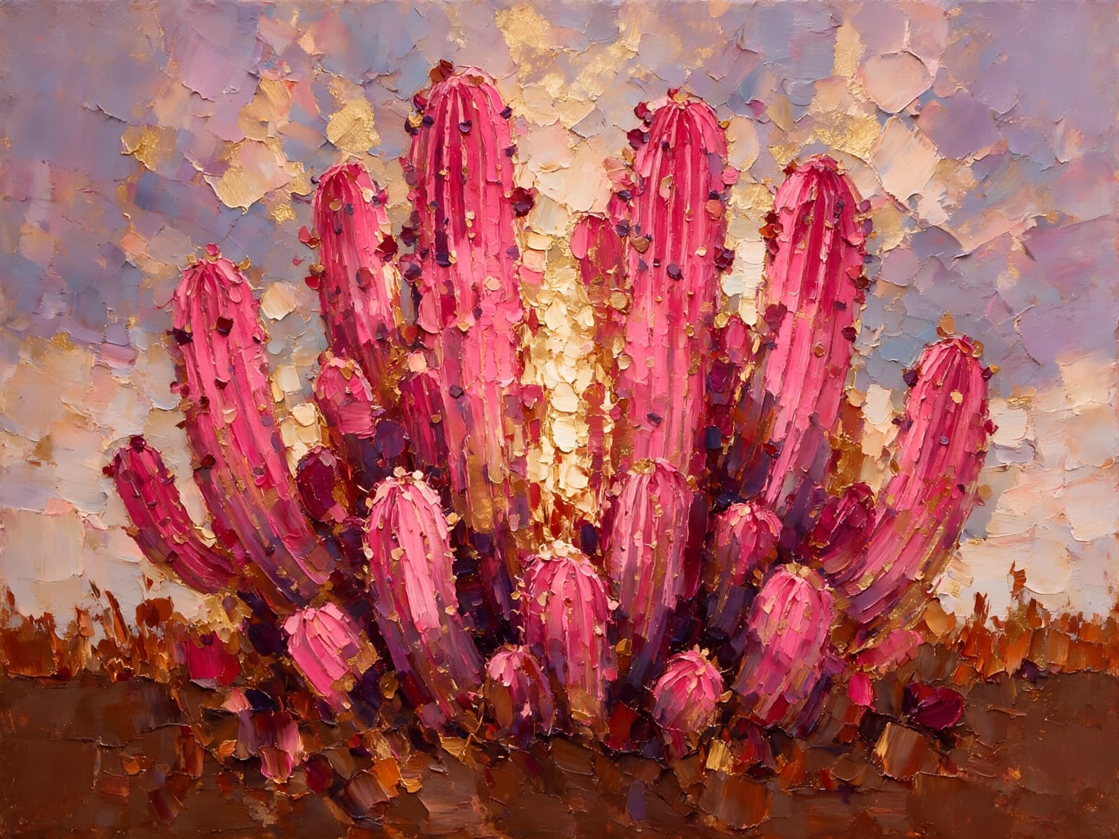 Roze cactus in dik opgebouwde verf