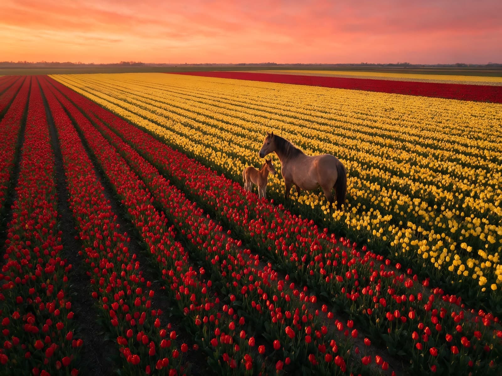 Paard tussen rode en gele tulpen