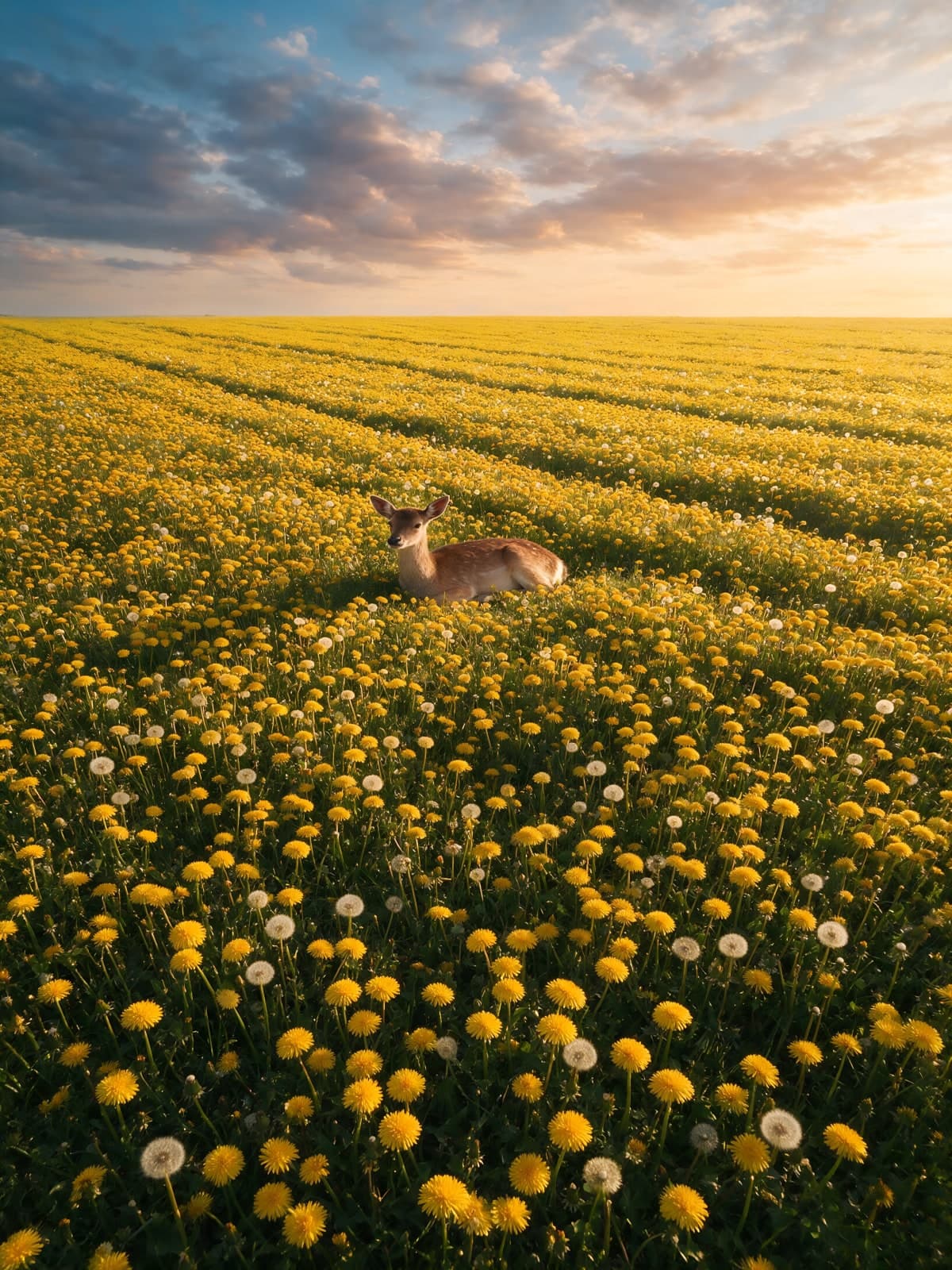 Hert tussen gele paardenbloemen