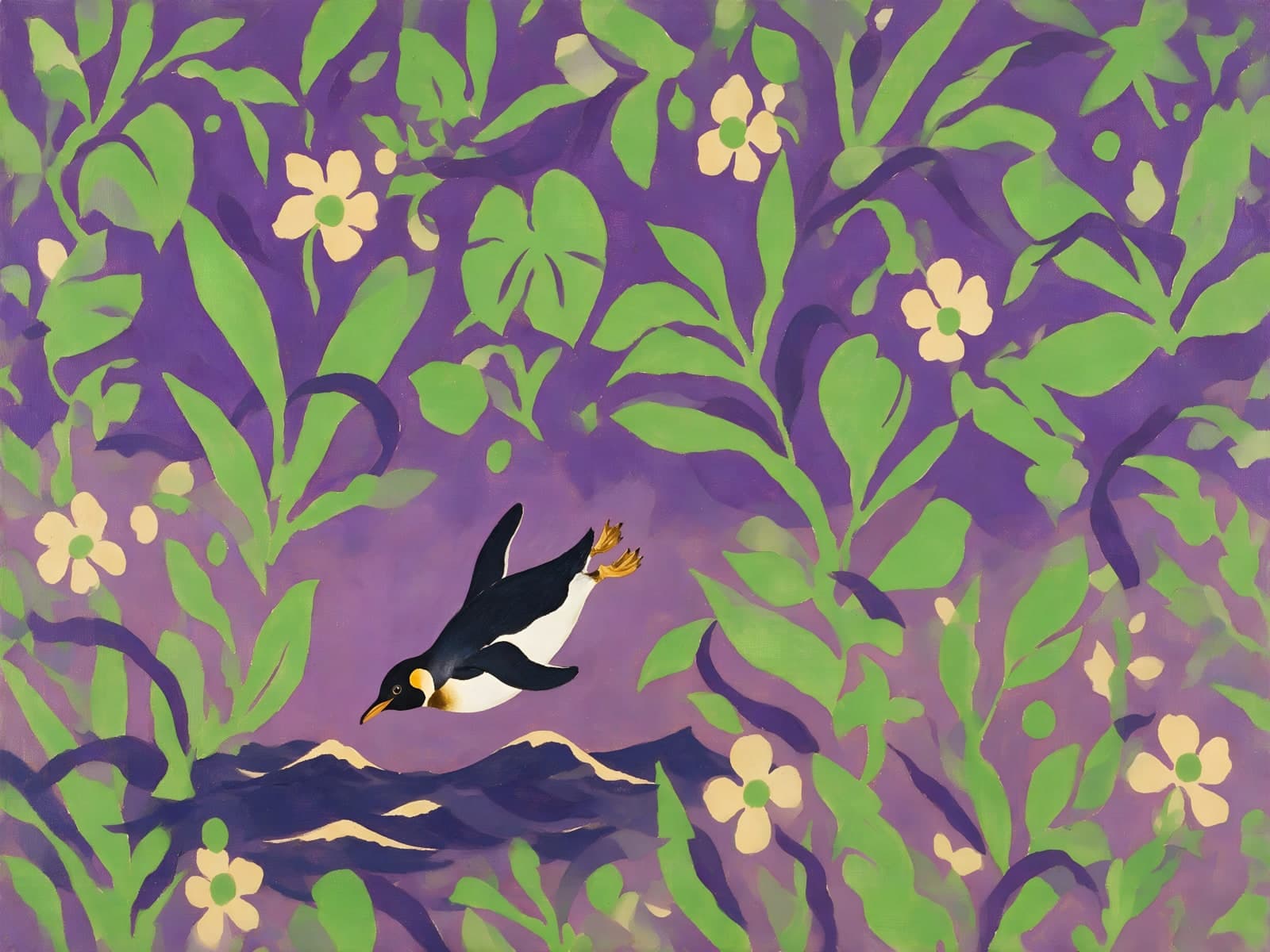 Pinguïn duikt tussen bloemen op paars