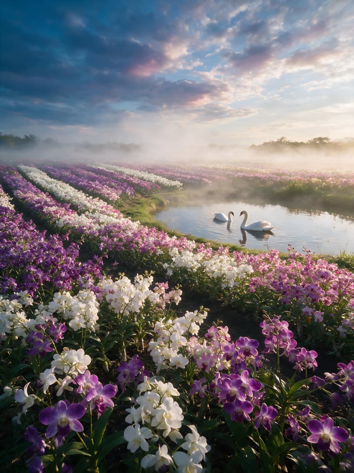 Paarse bloemenrijen en zwanen in ochtendmist