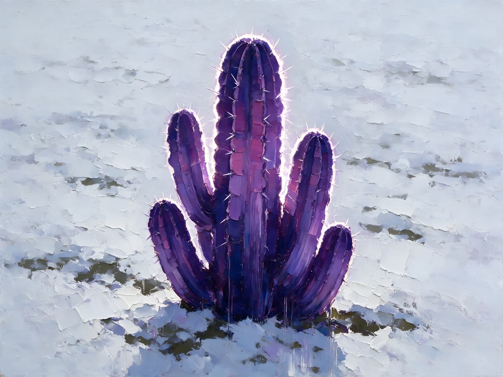 Paarse cactus in de sneeuw