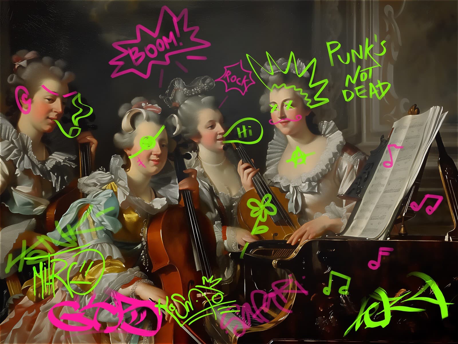 Vrouwen bij piano en cello met krabbels