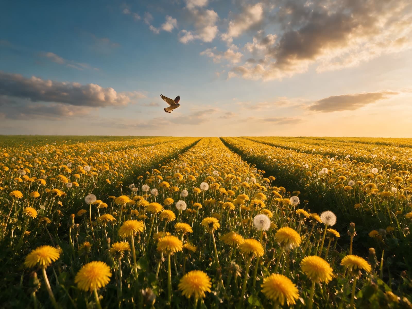 Gele paardenbloemen onder avondlucht met vogel