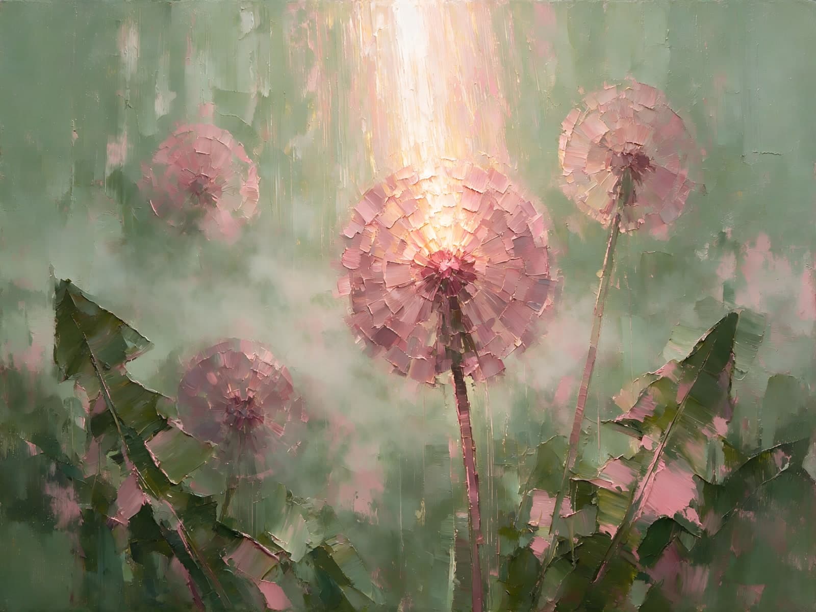 Roze paardenbloemen in groene mist