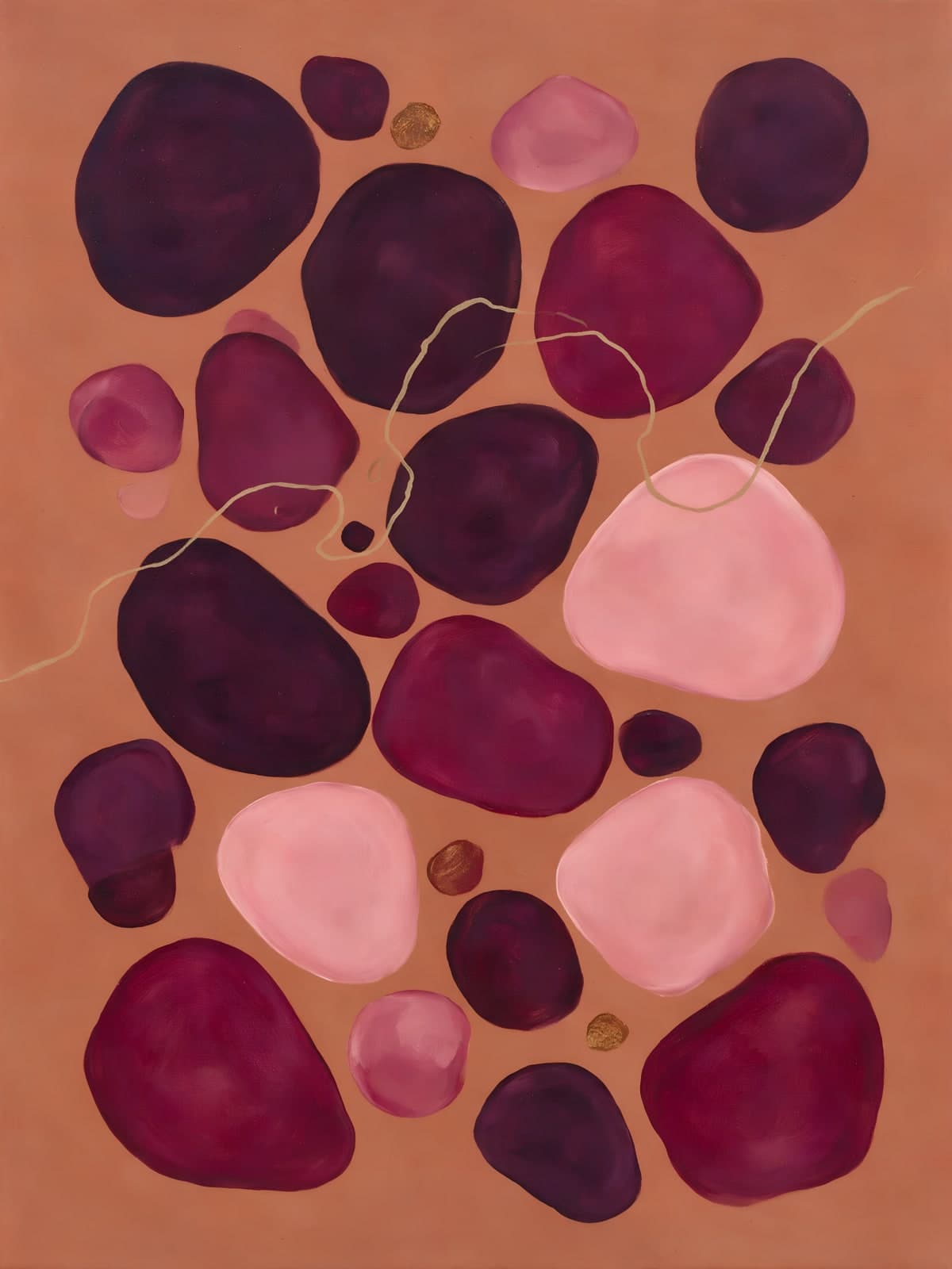 Ronde paarse en roze vormen op terracotta