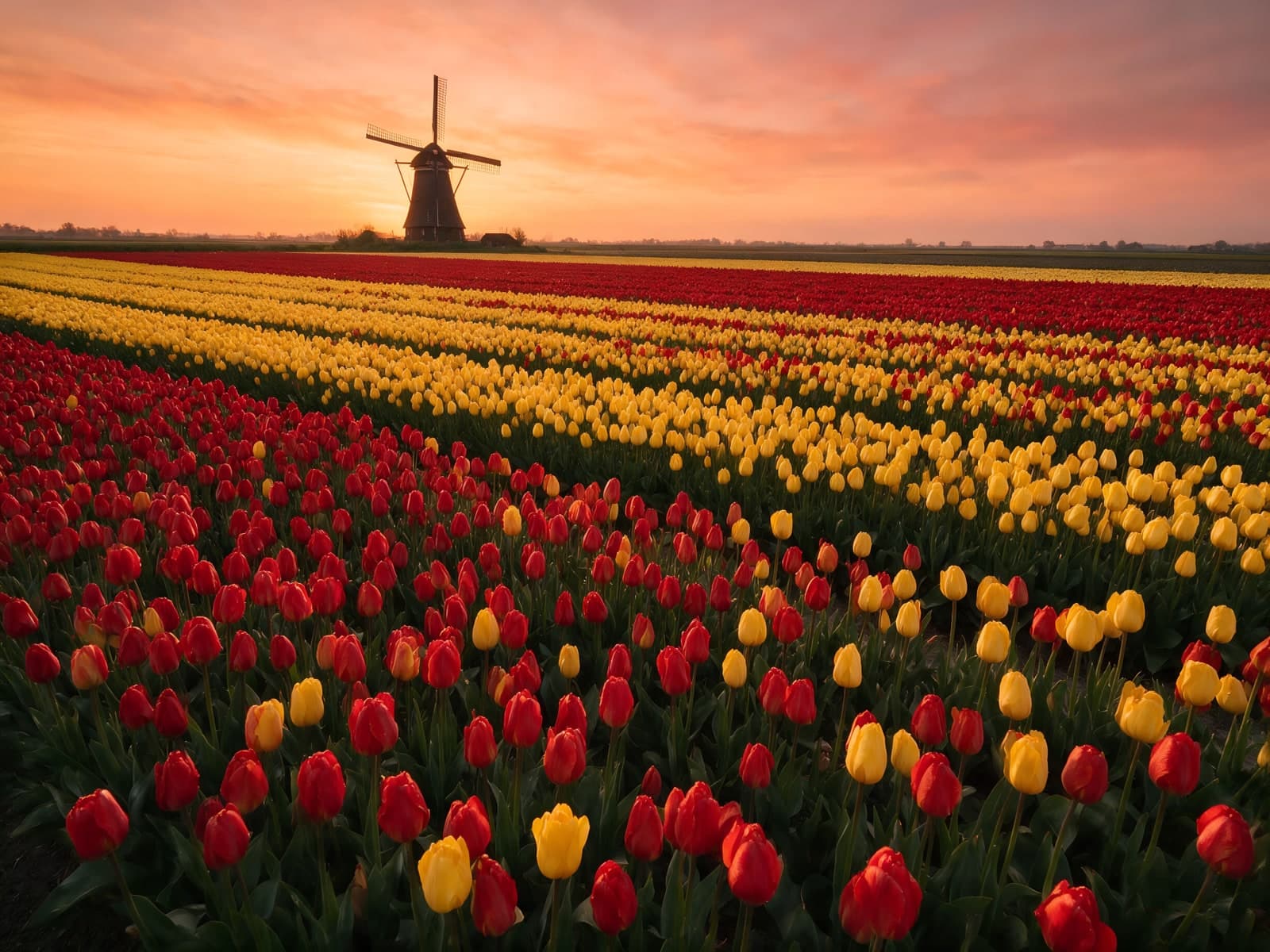 Tulpenveld met molen bij zonsondergang