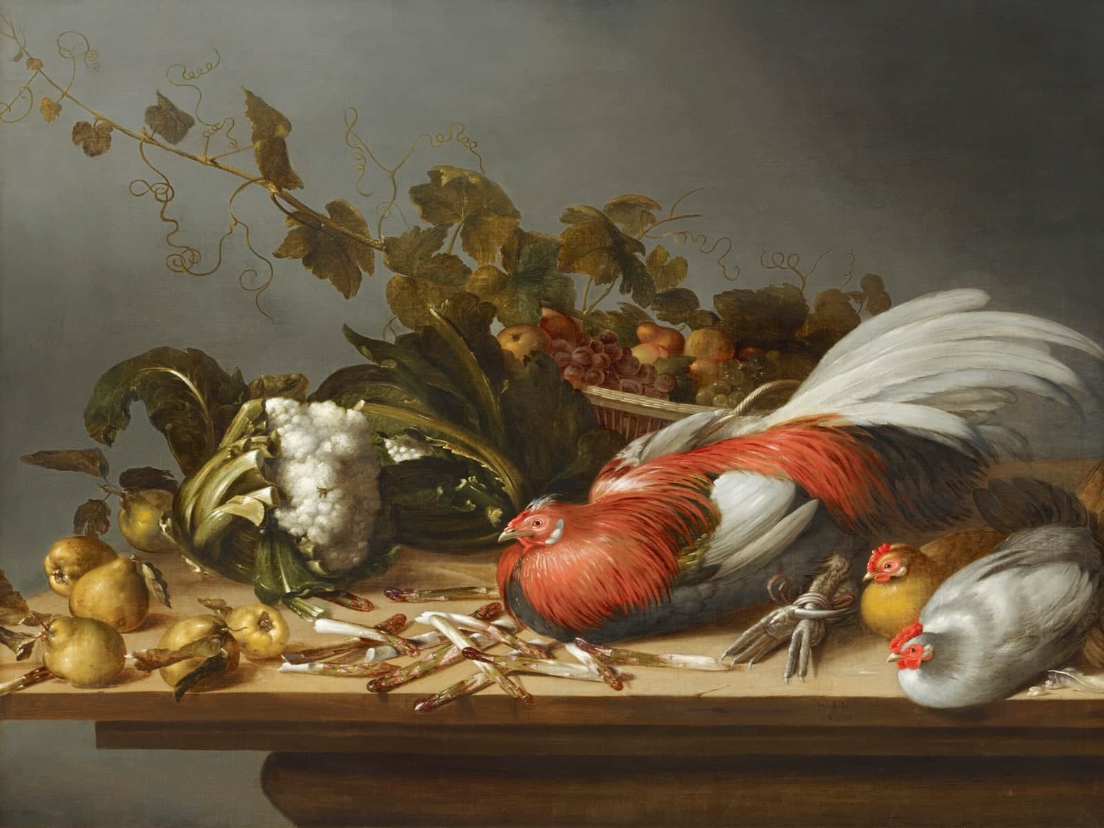 Stilleven met een haan en kippen