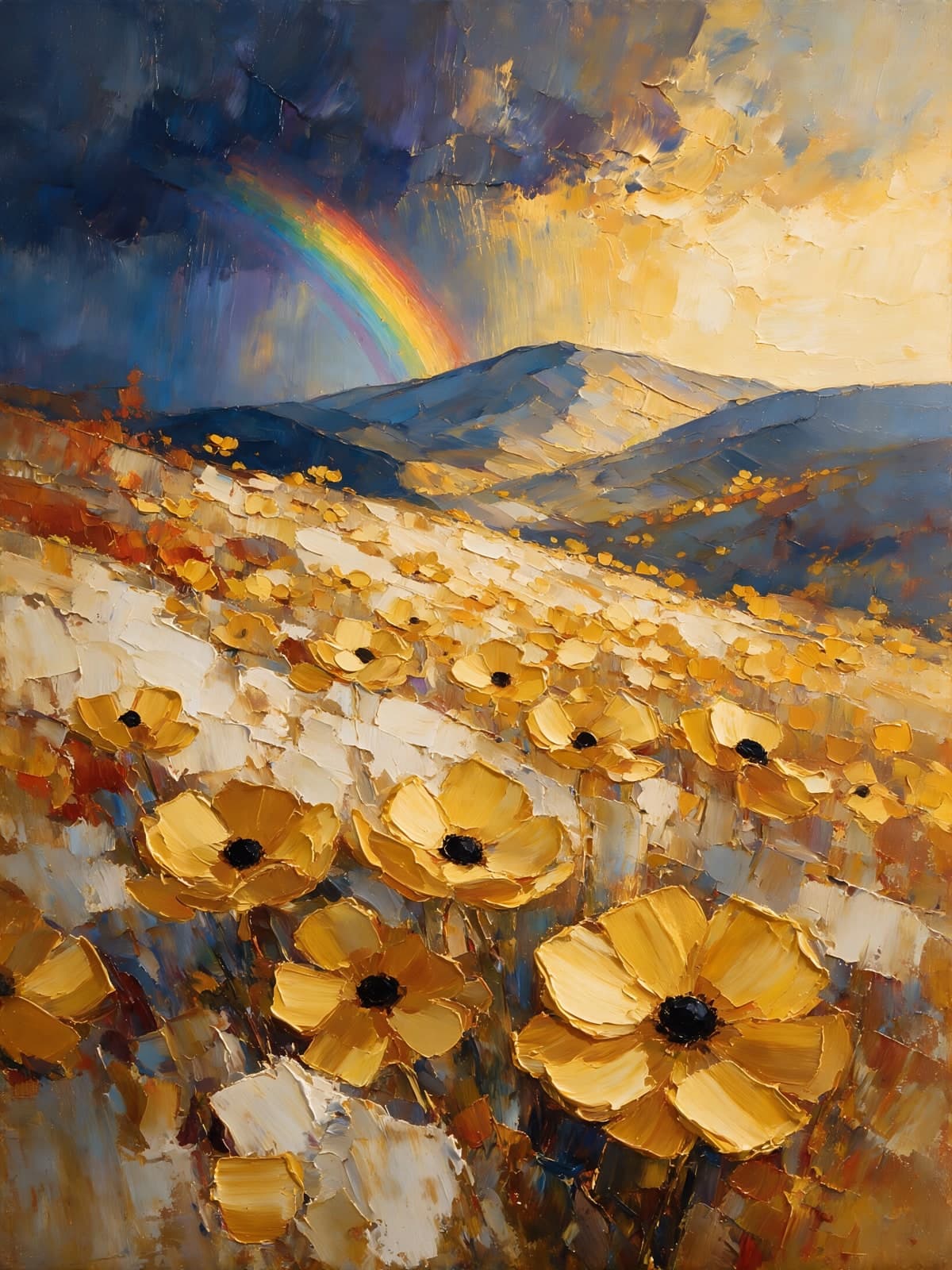 Gele bloemen op een heuvel met regenboog
