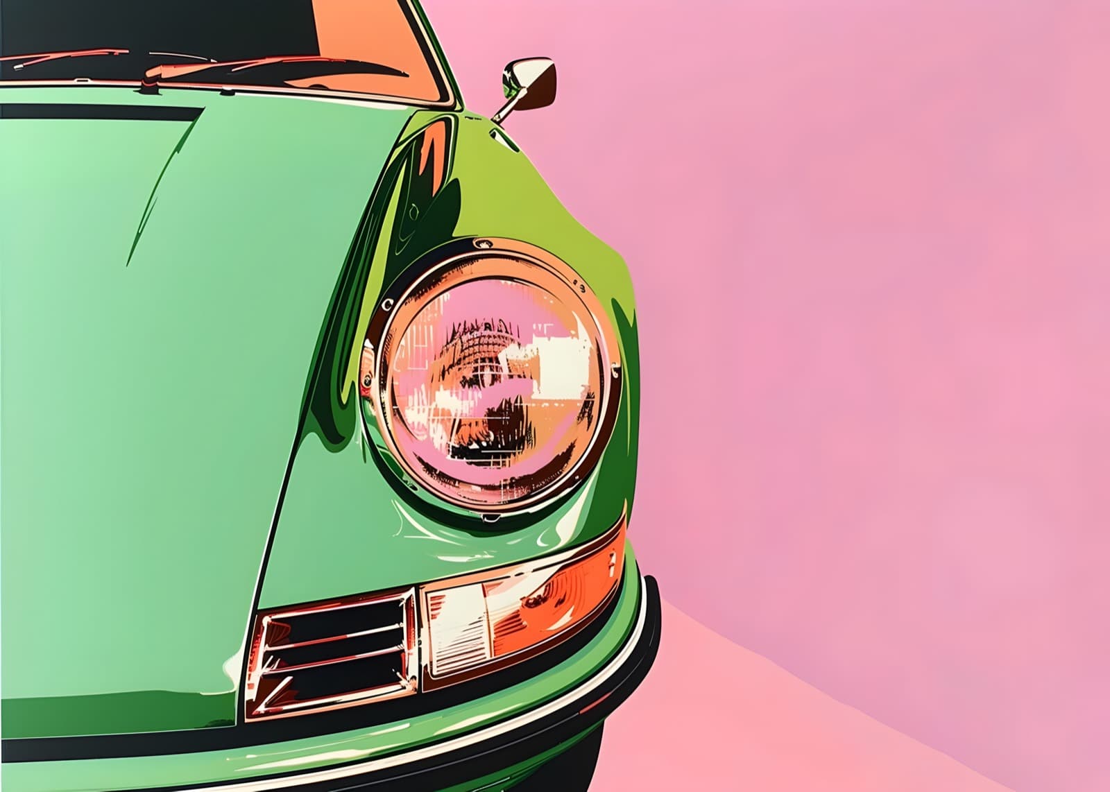 Groene sportwagen met koplamp voor roze vlak