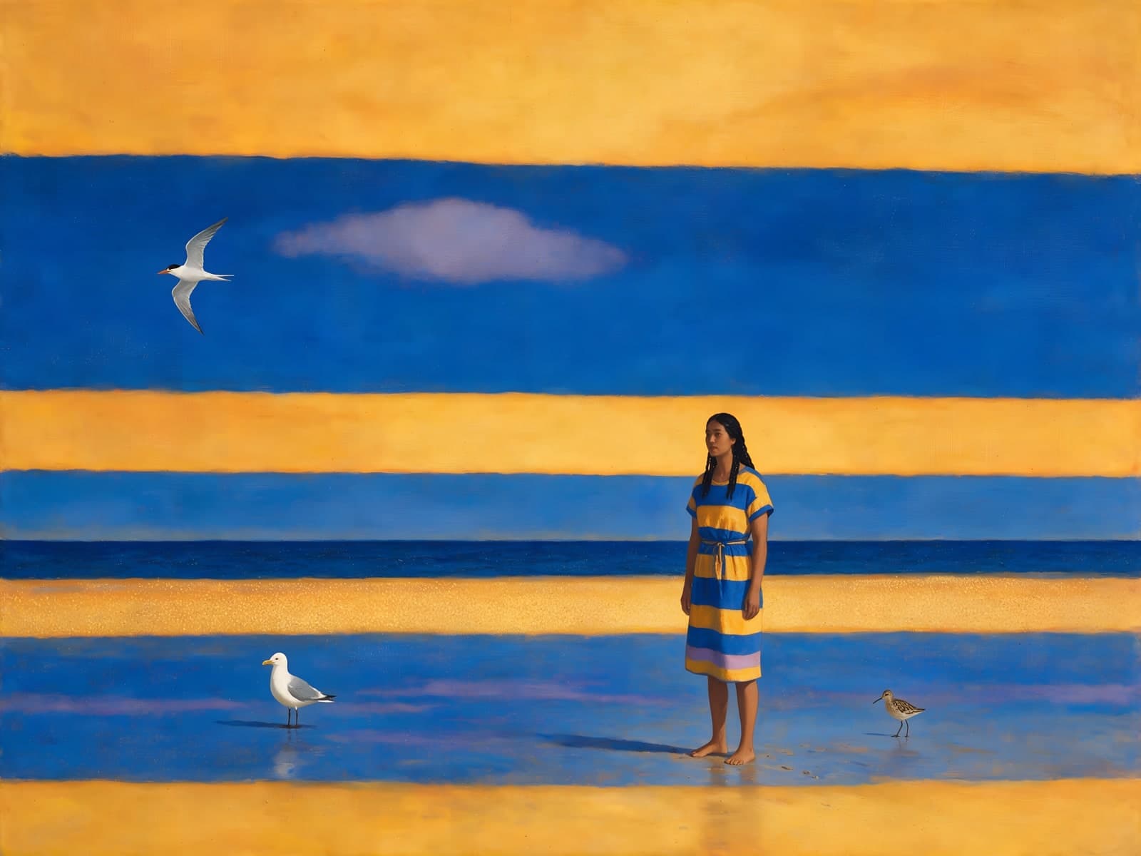 Meisje op een strand met gele banen