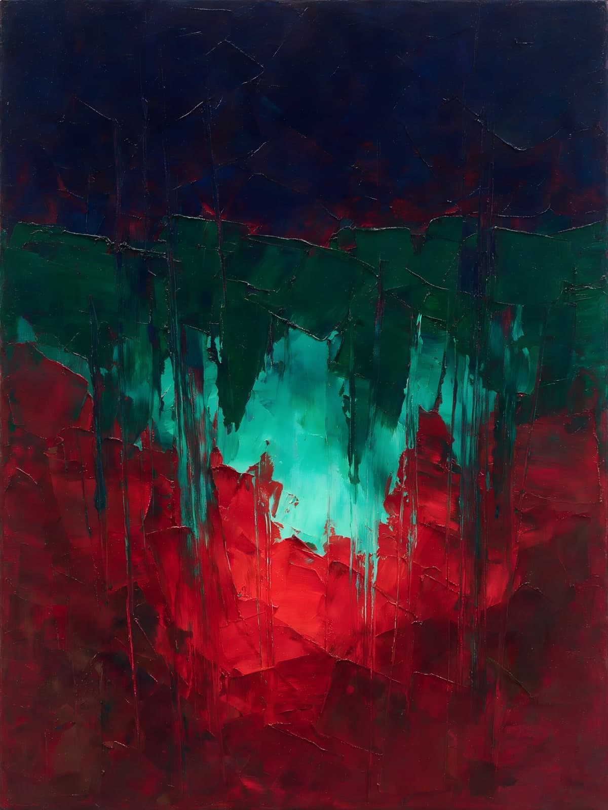 Rood en turkoois onder donkerblauwe nacht