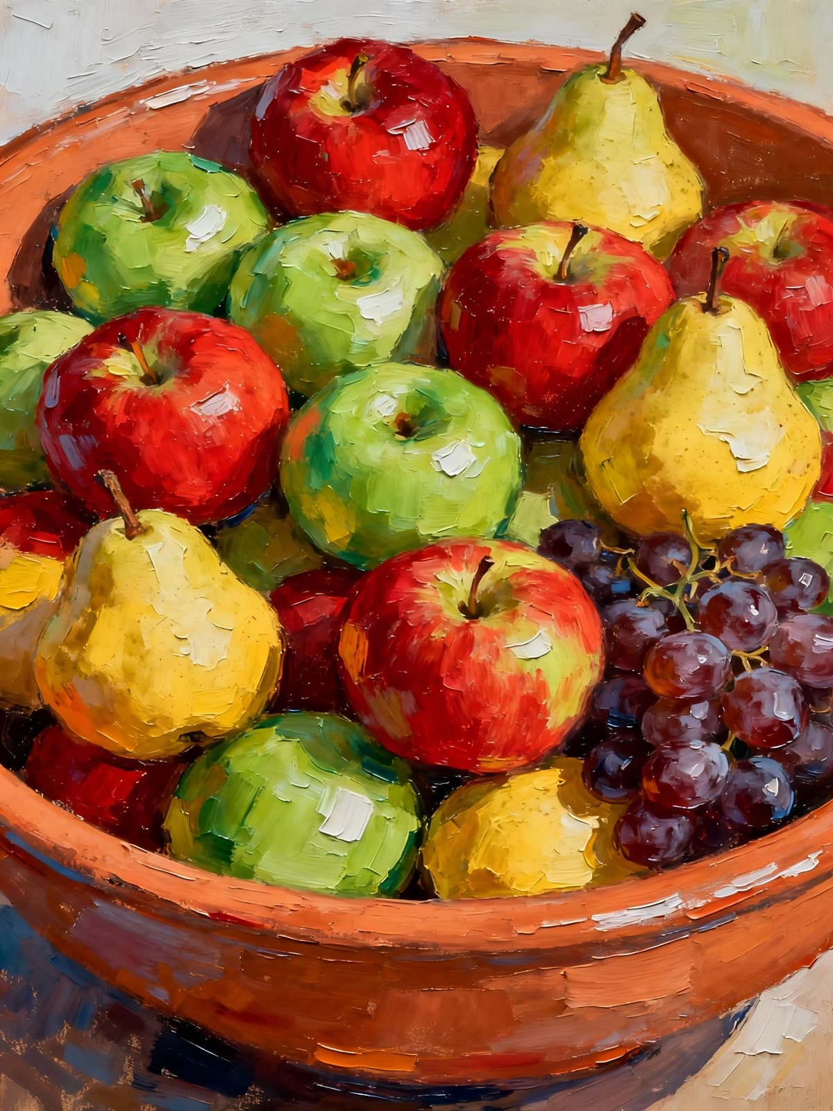 Terracotta schaal vol appels, peren en druiven