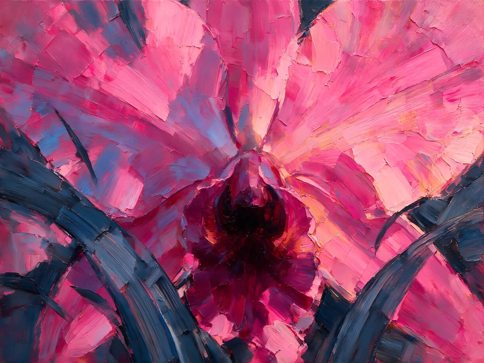 Roze orchidee vlak bij met blauwe bladeren