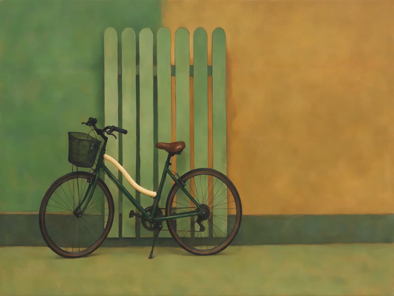 Zwarte fiets bij groen hek en okermuur